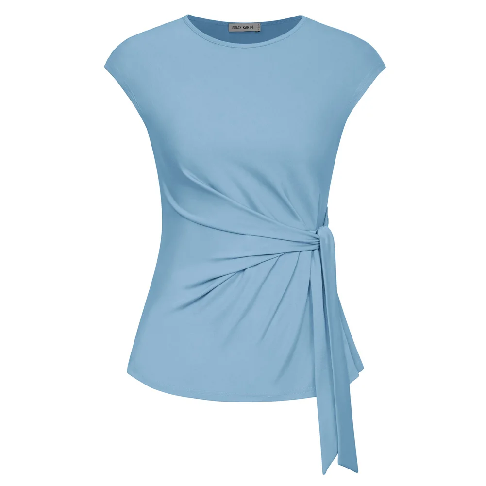 Gk kvinder bluser foran sløjfe knude dekorerede toppe klassiske kasketærmede rund hals pullover sommertoppe bluser femme: L / Grøn