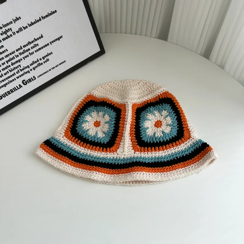 INS Korea Handmade Crochet Bucket Hats for Women Y2k Vintage Summer Beach Hat Flower Hollow Knitted Bob Sombreros Bonnet Caps: Dark Grey