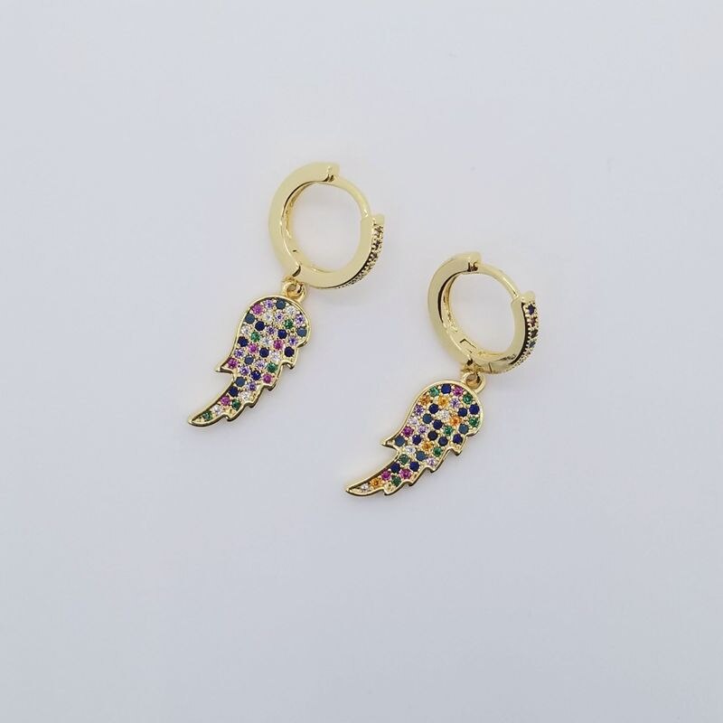 Exquisite Rainbow Crystal Zircon Angel Wing Earrings Copper Pave Zirconia Hoop Earrings Women Cute Jewelry