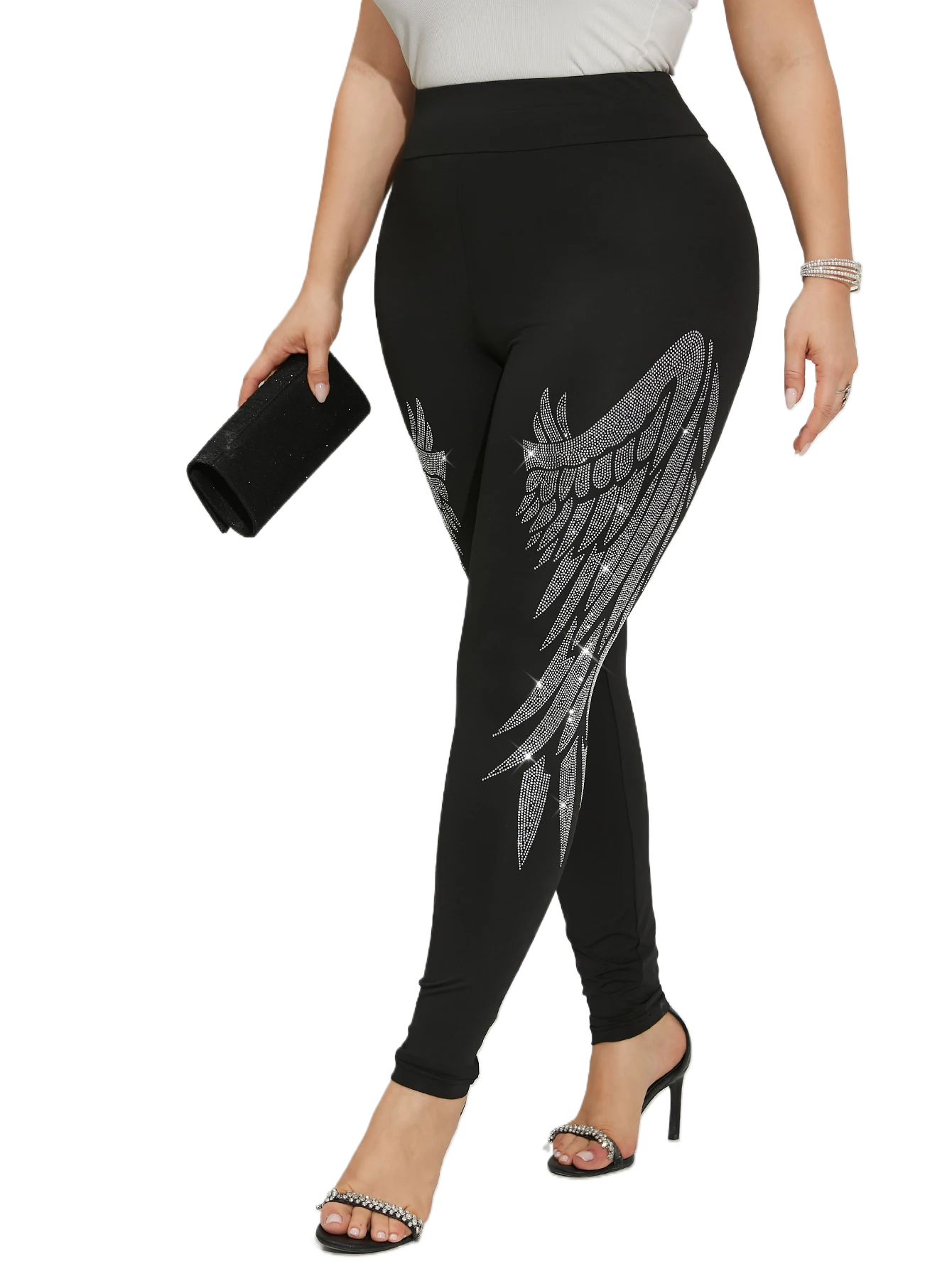 Leggings de talla grande para mujer, pantalones ajustados con patrón de alas de Ángel y diamantes de imitación brillantes, pantalones de punto elásticos informales a la: 0XL / Negro