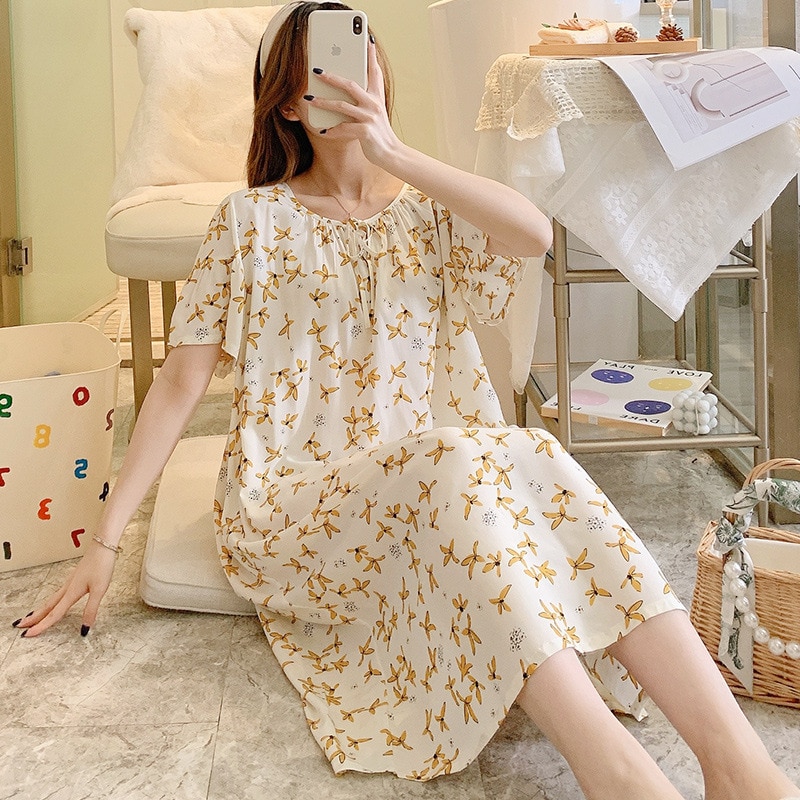 Fdfklak Gedrukt Bloemen Nacht Jurk Vrouwen Korte Mouwen Vierkante Kraag Katoen Nachtjapon Losse Comfortabele Dames Nachthemd