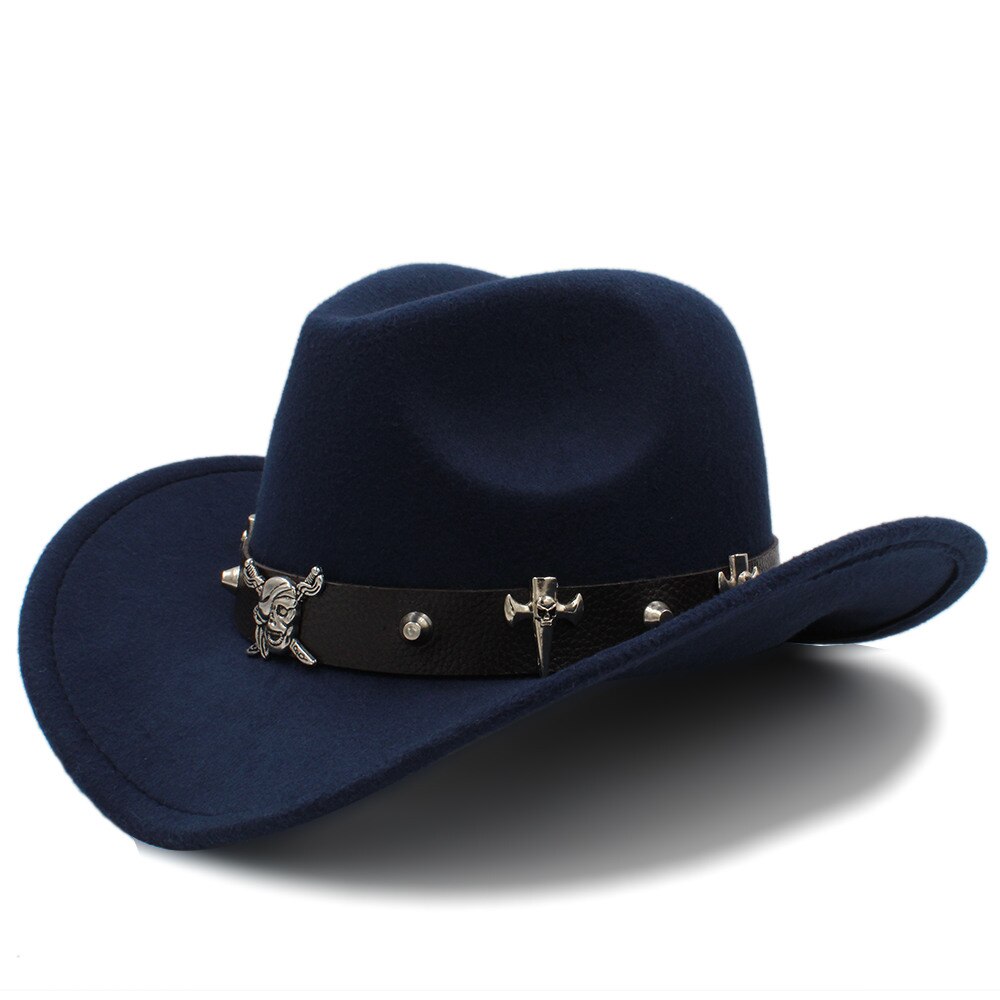 Kvinder mænd uld hule vestlige cowboy hat pirat læder bælte herre far jazz ridning sombrero hombre cap størrelse 56-58cm: Mørkeblå