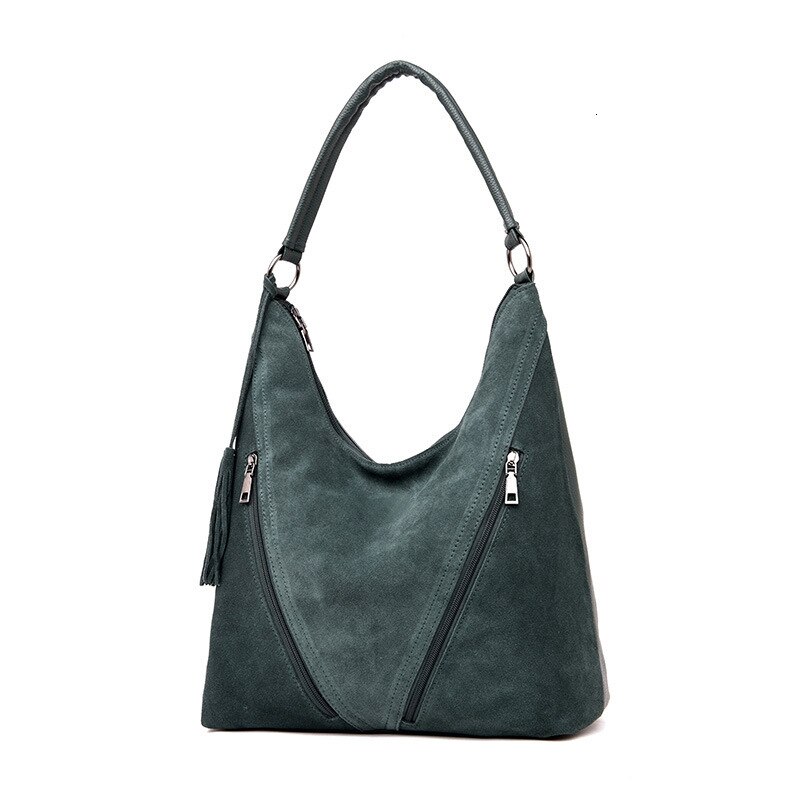VM KISS Female Suede Leather Shoulder Bag Women Leisure Tassel crossbody Handbag Hobos Messenger Top-handle bags Purse: green