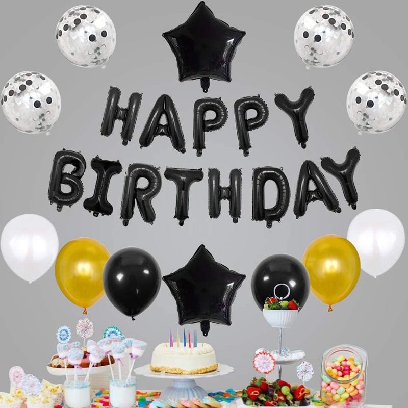 Black Happy Birthday Balloons Birthday Party Decor Letters Balloons+Giant Star Foil and Confetti Balloons+Latex Balloons