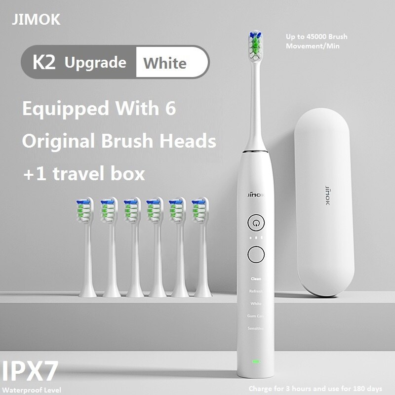 Jimok sônica escova de dentes elétrica, escova de dentes ultra sônica, recarregável, limpador de dentes elétrico adulto (k2): K2-6 Up  White