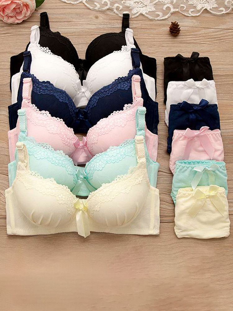 B Women Lace Padded Push Up No Steel Ring Small Chest Gathered Back Closure Adjustment Bow Adjusted-straps Bra Briefs Set