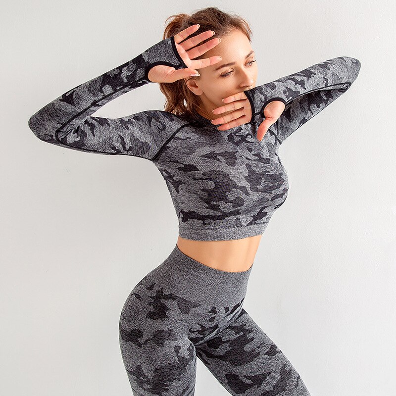 3 Kleur Yoga Shirts Camouflage Uitgeholde Ademend Snel Droog Sport T-shirt Vrouw Fitness Met Lange Mouwen workout Top