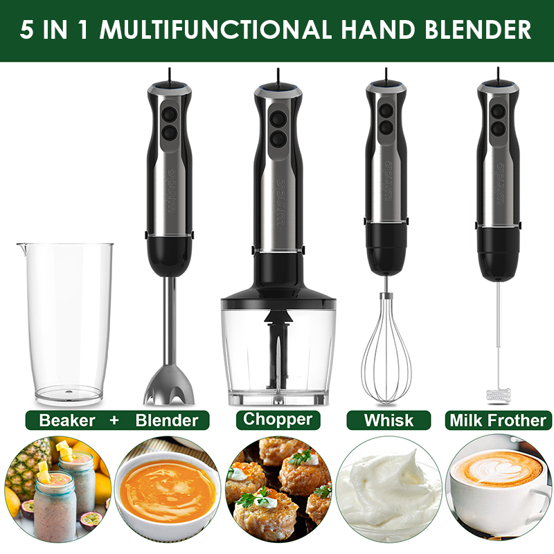 Wancle Elektrischer Stabmixer, Mixer, 1000 W, 5-in-1, leistungsstarker Küchenmixer für Schneebesen, Fleischwolf, Küchenmaschine