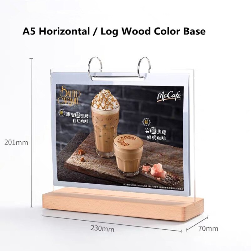 A5 210*148mm akryl restaurant bord menu skilt holder display stativ med plakat menu papir ramme: Log vandret