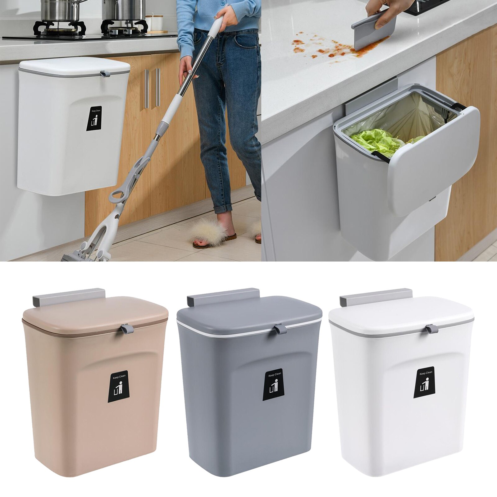 9L Trash Can ing Waste Bin under Kitchen Sink Plastic Wastebasket Over Cabinet Door Garbage Can with Sliding Lids