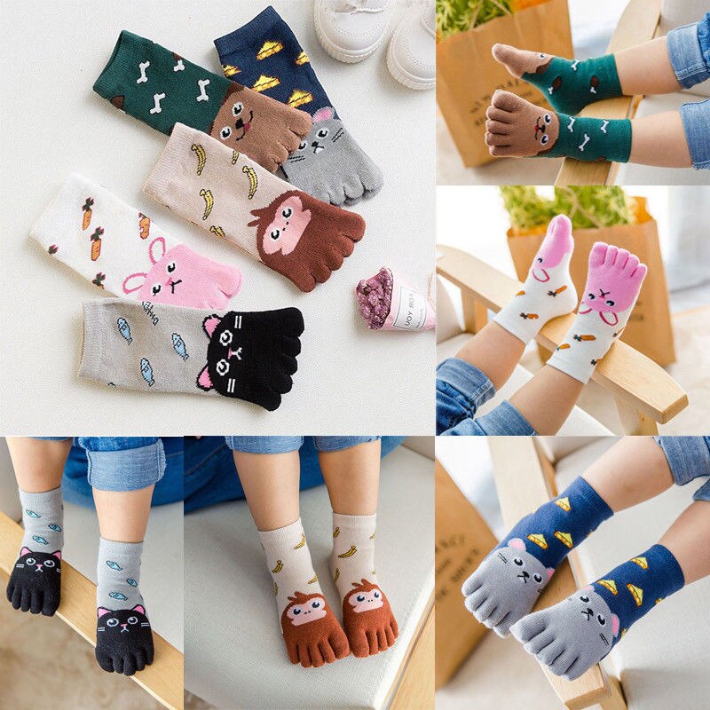 Chaussettes à orteils en coton pour enfants, coton, tricot, imprimé animaux, 5 styles, une paire, 3-12T, , 100%