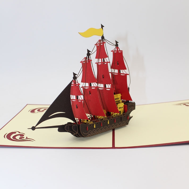 3D Handgemaakte Zee Overlord Rode Vlag Zeilschip Retro Pirate Boot Papier Wenskaarten met Envelop Business Kids