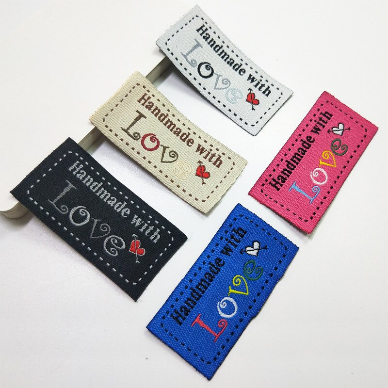 Sloobao 100Pcs Hand Made Liefde Hart Labels Geweven Kleding Labels Reliëf Tags Diy Vlag Etiketten Voor Kledingstuk Naaien Accessores