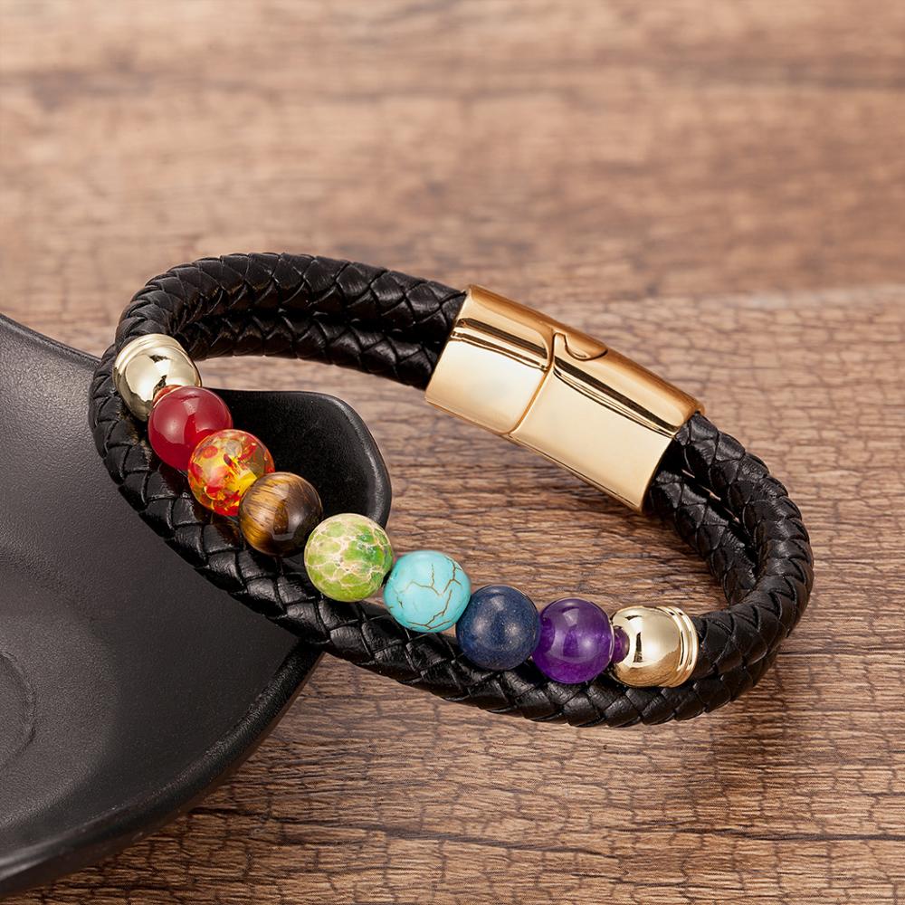 Di modo Naturale Perline di Pietra 7 Chakra Braccialetto Per Le Donne Degli Uomini In Acciaio Inox Braccialetti di Cuoio Genuino Dei Monili Regalo Di Natale: Gold-Style 1 / 23cm