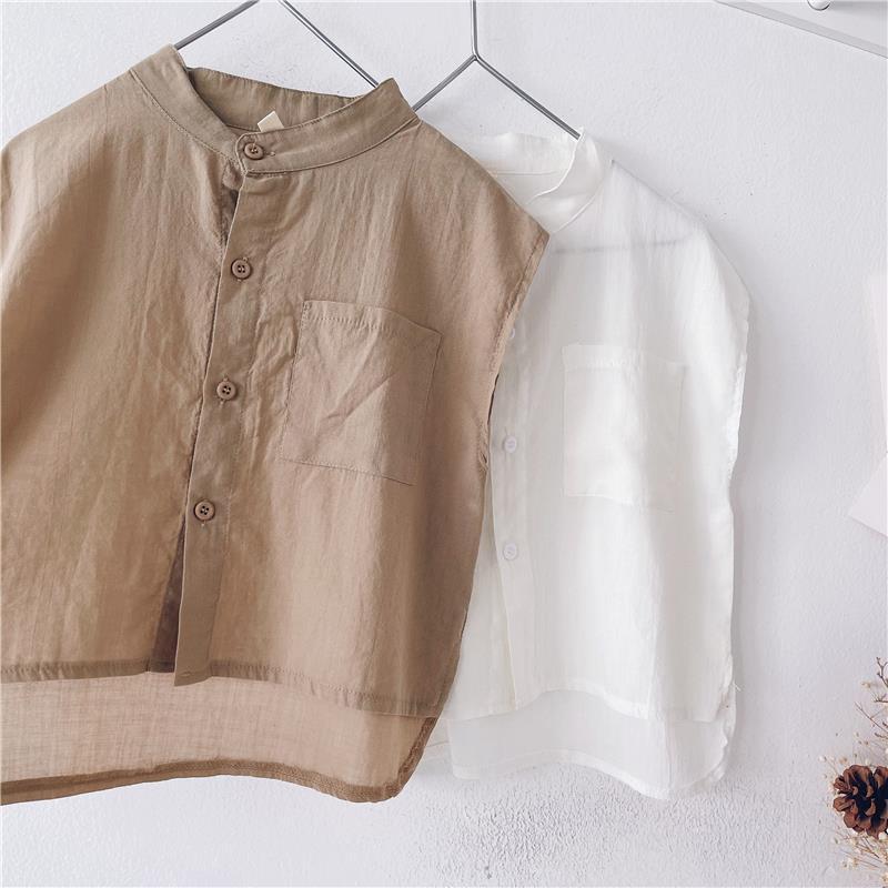 Jongens Mouwloos Shirt Met Pocket 2022 Zomer Koreaanse Kinderen Effen Kleur Casual Button Shirts Knappe Kinderkleding WT763: Khaki / 130cm