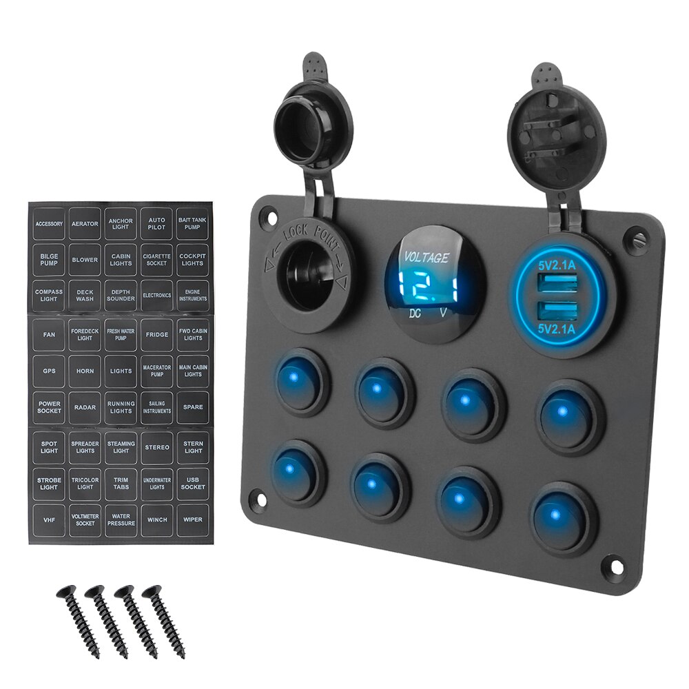 12-24V 8 Gang Sigarettenaansteker Dual Usb Voor Auto Boot Rv Vrachtwagen Atv Utv Camper Caravan schakelaar Aardlekschakelaar: A Blue