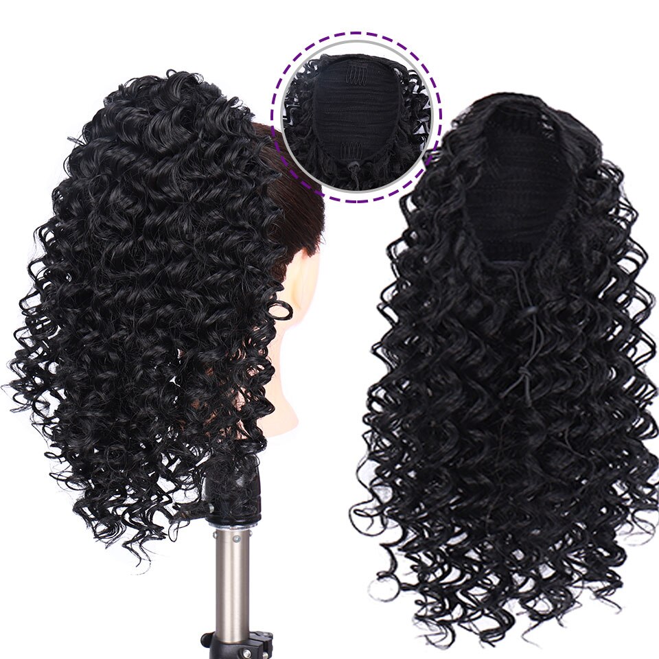 BUQI Drawstring Afro Curly Ponytail Synthetic Hair Bun Chignon Hairpiece For Women Clip in Hair Extension: 1B