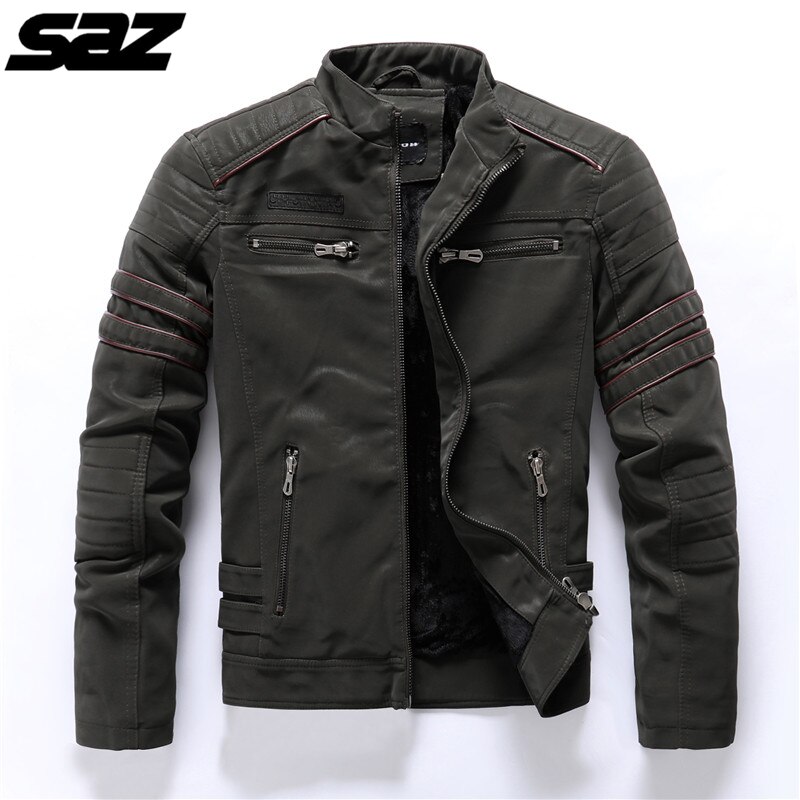 Saz män broderi dödskalle motorcykel skinnjackor biker läder kappa vinter varm casual jacka för män: Armégrön / Xl