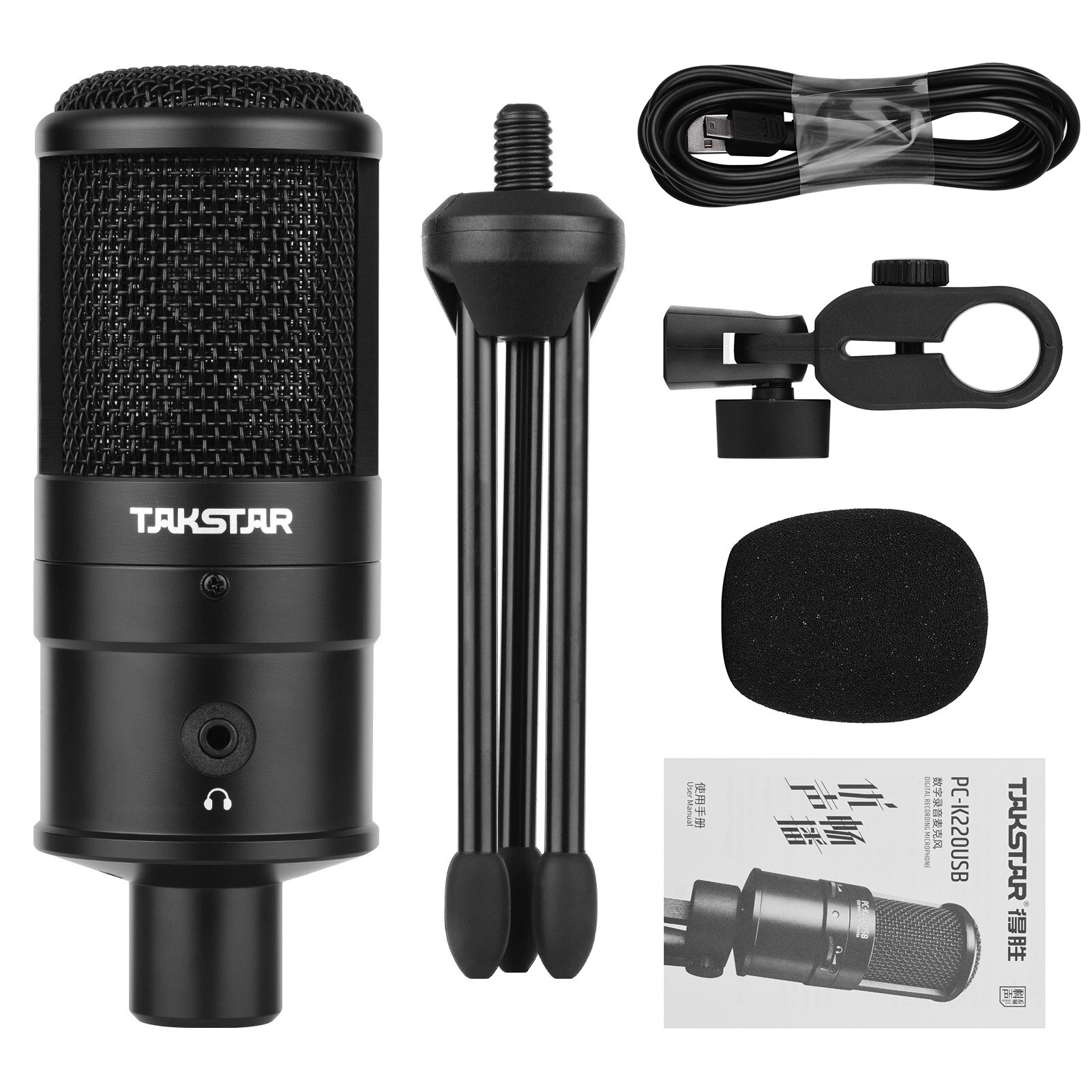 TAKSTAR PC-K220USB Condenser Desktop Microphone USB Powered Cardioid PC Mic Plug and Play for Voice Musical Instrument Recording