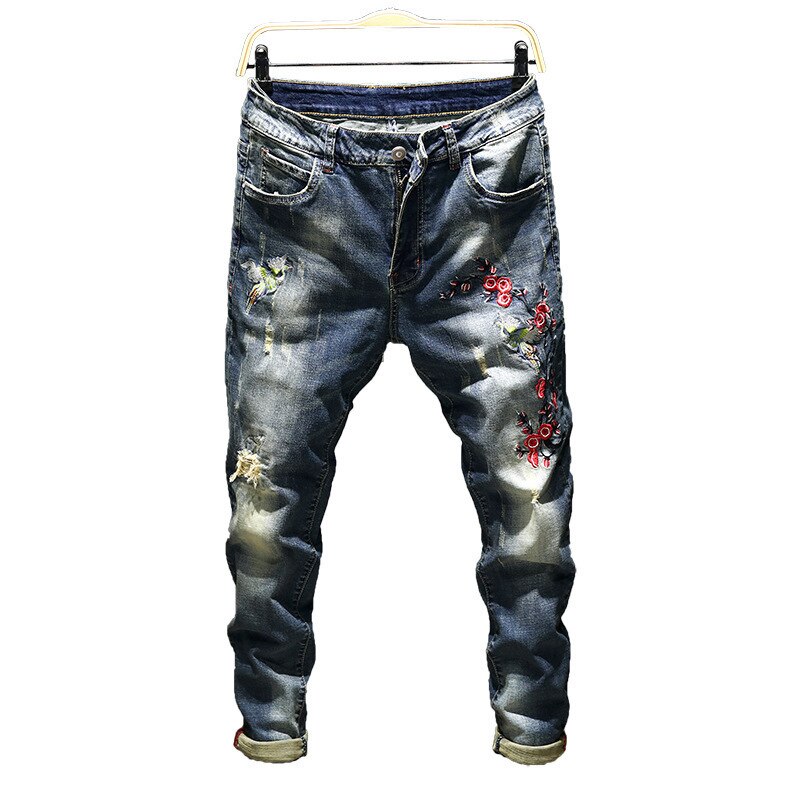 Pantalones ajustados informales con flores de ciruela para hombre, Vaqueros bordados, estilo Hip Hop, Punk, para novio,