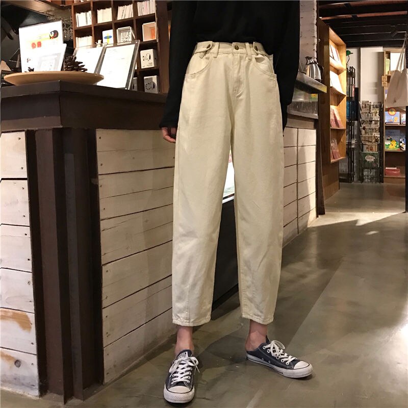 Jean femme grande taille solide taille haute Ulzzang Harajuku Style coréen Vintage a la femmes pantalon poches Simple Chic: beige / L