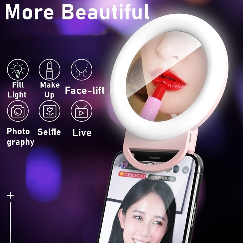 Universale LED Selfie Anello di Luce di Riempimento Clip Dimmable Ha Condotto La Lampada Anello di Fotografia Con Specchio Per Il Trucco di Bellezza di Video Live Aro de Luz