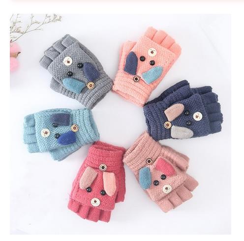 Winter Christmas Kids Warm Gloves Primary School Cashmere Knit Flip Half Finger Gloves Cartoon Mittens For Boys Girls 6-12Y