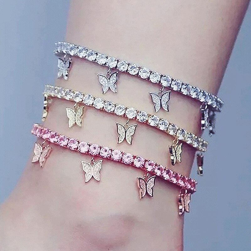 Schattige Kleine Vlinder Charm Enkelband Foot Sieraden Voor Vrouwen Hip Hop Cubaanse Link Chain Iced Out Enkelbandje Vlinder Sieraden