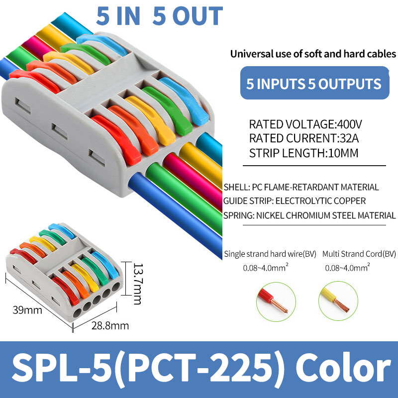 Conector de cableado rápido de salida múltiple, Cable de cableado divisor Universal, bloque de terminales de empuje, cableado rápido Universal SPL 222 23