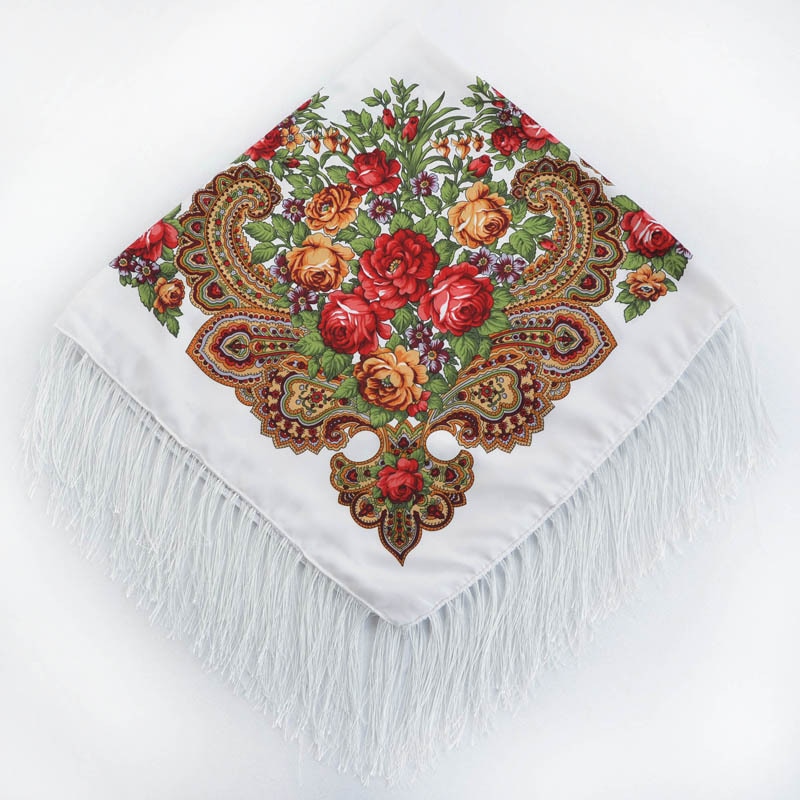 Chal de estilo ruso Pavlovo Posad, chal Vintage con estampado Floral, hiyab, bufanda con borlas, 35*35 '',: white