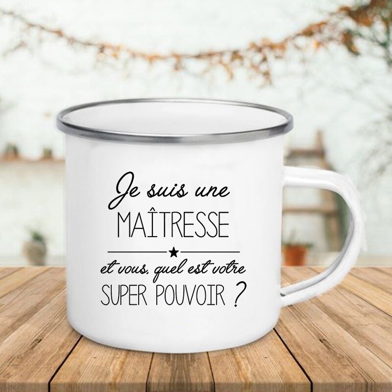 Taza de esmalte con estampado francés, tazas creativas de café, té, bebidas, postre, desayuno, leche, ASA, vasos, los mejores para profesores