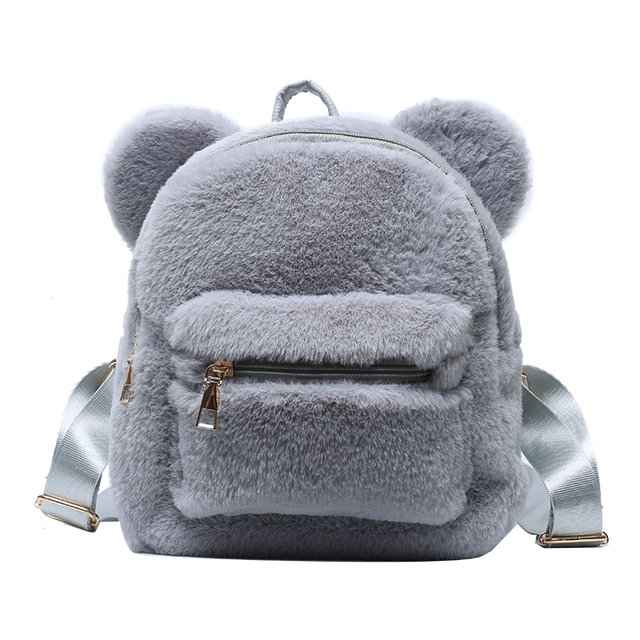 Urso impressão de pele do falso ombros saco urso orelhas de pelúcia mochila feminina bonito peludo saco novo inverno sacos para as mulheres 2022 novo: Grey Backpack