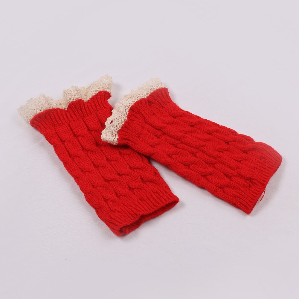 Manchons en laine pour femmes, protège-poignets allongés en dentelle, couleur unie, tricot , gants chauffe-bras, demi-doigt, hiver: red