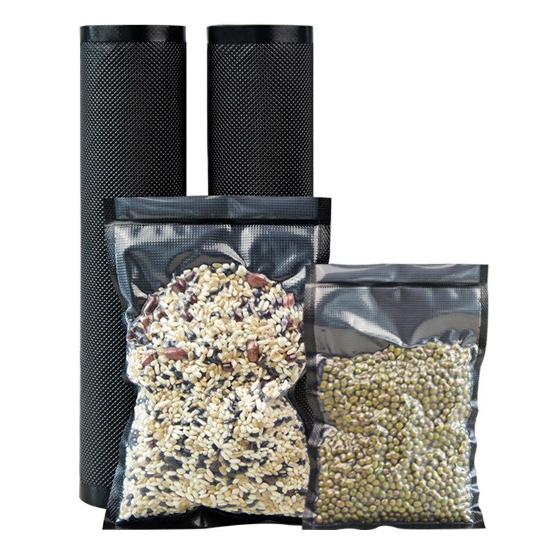 Bolsa para empaque de granos de comida al vacío negro, material de nylon, resistente a la luz, mantenimiento fresco, bolsa granular de una sola cara de plástico comercial