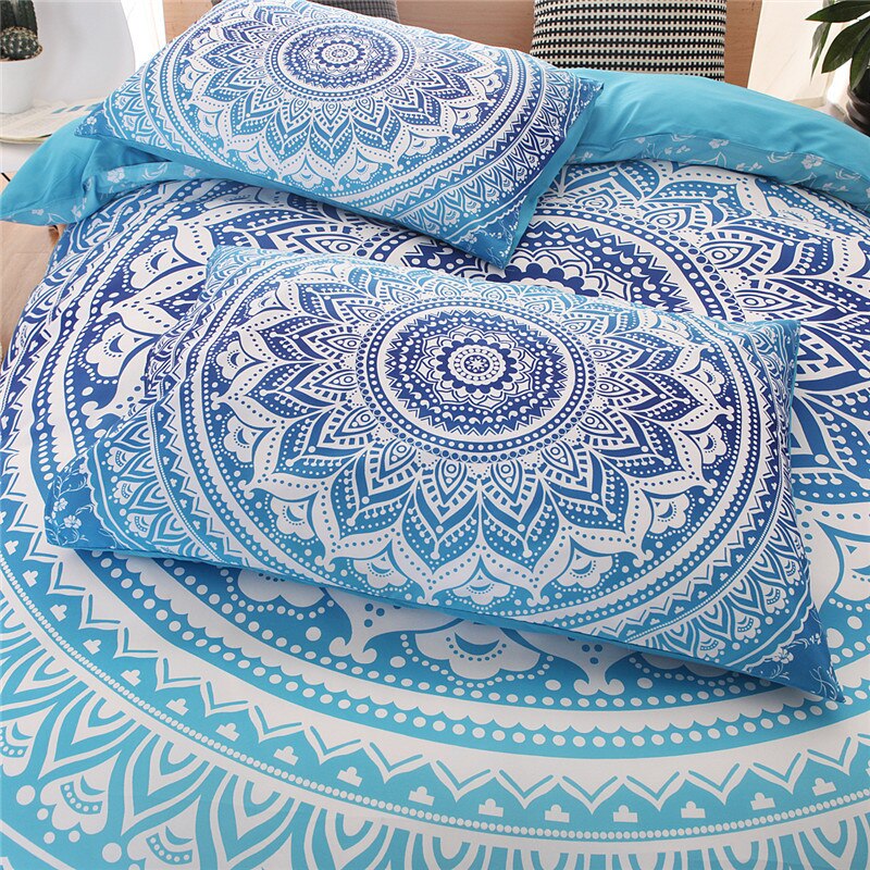 Bohemiska sängkläder set mandala tryck blå svart vit boho enkel dubbel queen king size påslakanset (ingen fyllning inget lakan)