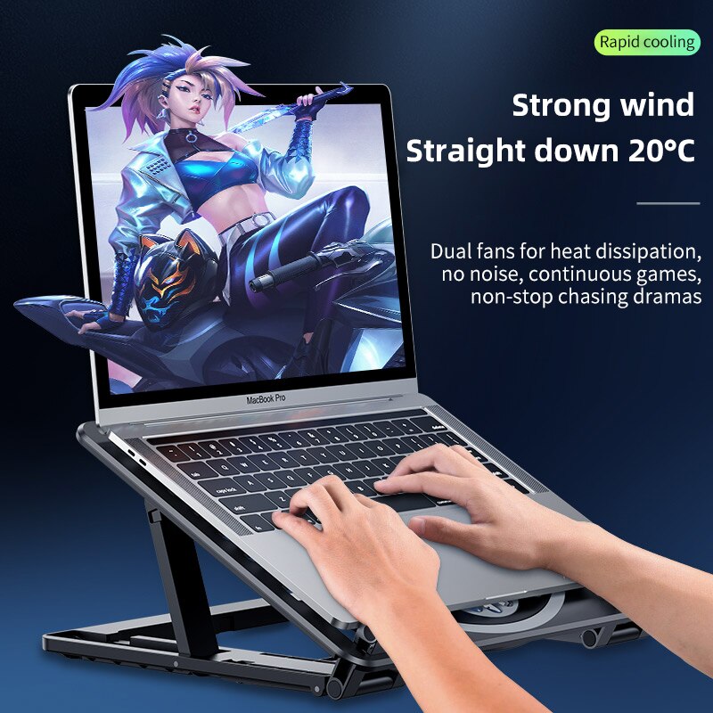 Rotatable Laptop Cooler Laptop Cooling Pad Foldable Notebook Gaming Cooler Stand with Two Fan and USB Ports for 10-17inch Laptop