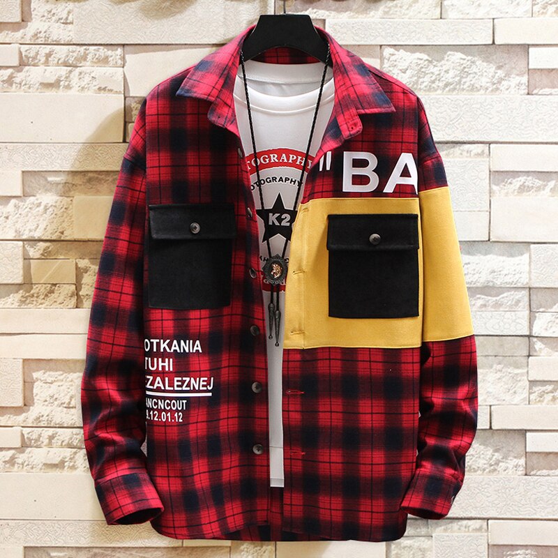8xl 6xl 5xl 4xl høst menn langermet skjorte rutete tegneserietrykk menn streetwear skjorte uformelt Plus størrelse løse skjorter: Rød / 4xl