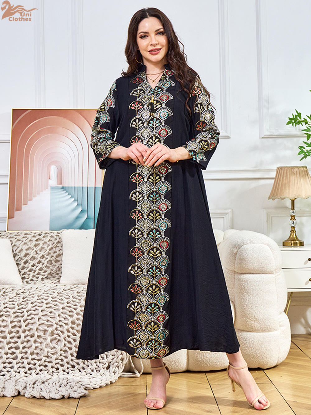 Abaya Marokko Kaftan Stickerei Pailletten Lange Kleid Dubai Abayas Islam Vestidos Eid Muslimische Frauen bescheiden Party Kleider Jalabiya