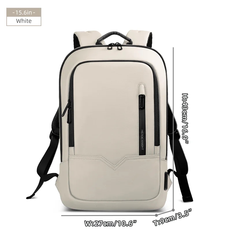 Mochila delgada HK para hombre, bolso para ordenador portátil de 15,6 pulgadas, bolso escolar impermeable con carga USB, mochila de viaje ligera, paquete de trabajo universitario: Blanco