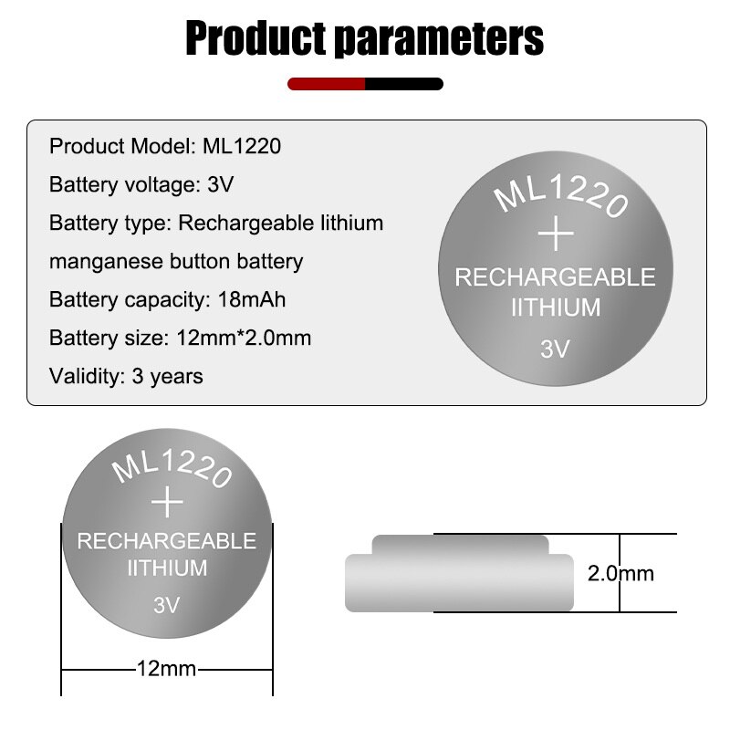 2PCS Original 3V ML1220 3V ML 1220 18mAh Rechargeable Batteries CMOS RTC BIOS Back Up Cell Button Coin Battery