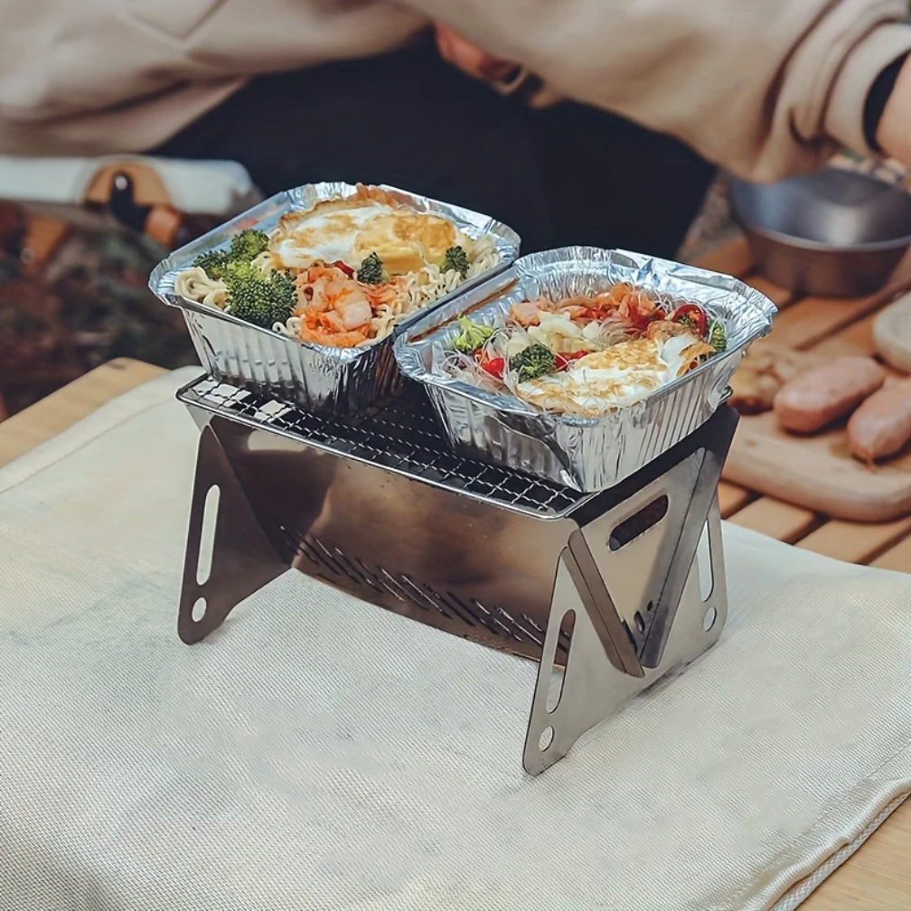 1 stk. bærbar, foldbar grill i rustfrit stål - letvægts trækulskomfur med aftagelig askeskuffe