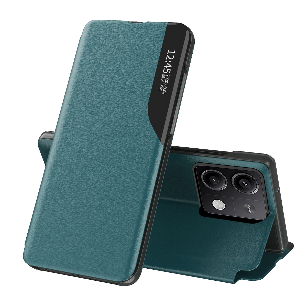 Funda de teléfono con tapa magnética con ventana para Xiaomi Redmi Note 14 13 Pro Plus 5G 4G, soporte de cuero para libro, Funda anticaída: Microfibra / Verde