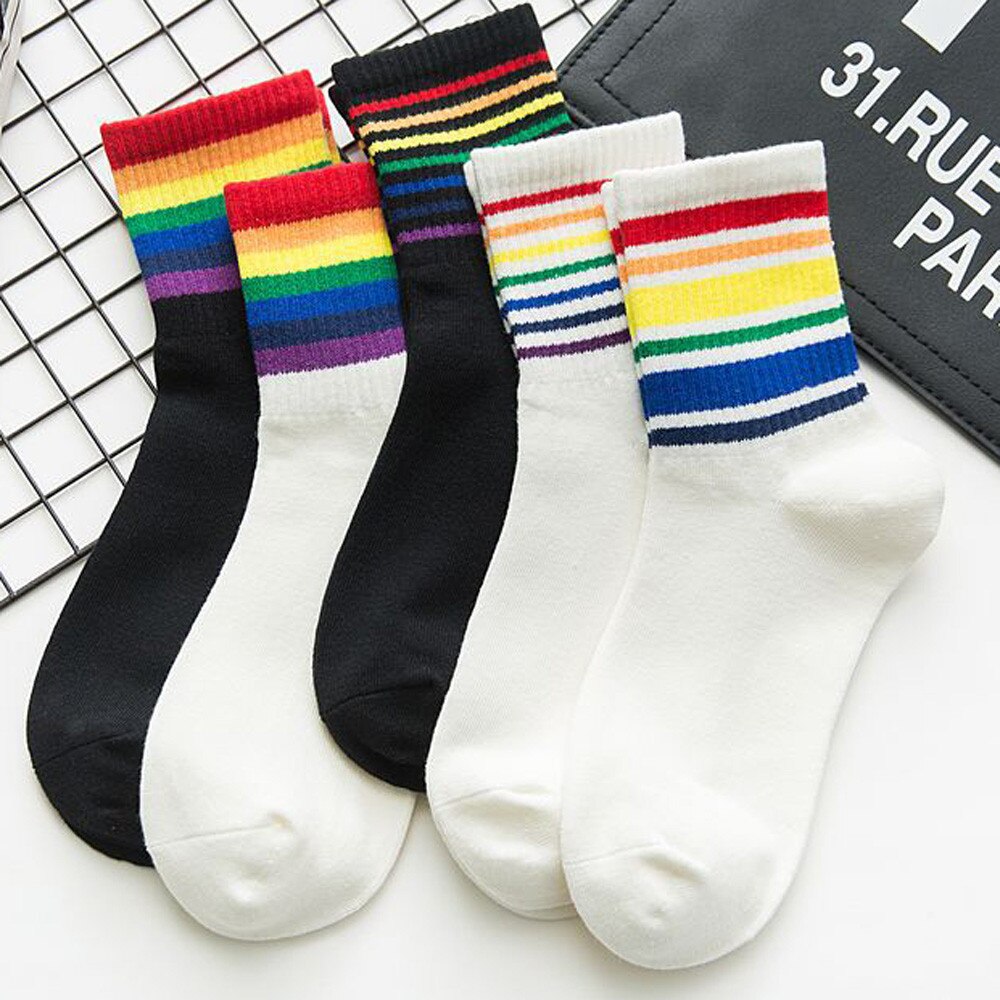 Women Socks Cotton Winter Unisex Cotton Rainbow Striped Socks Xmas Warm Chrismas Breathable Sports Middle Tube Socks