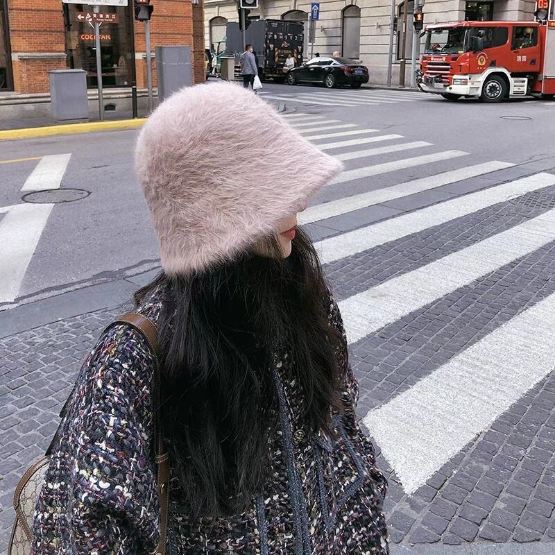 Sombrero de pelo de conejo para mujer, sombrero de pescador de felpa del Joker, versión coreana, muestra la cara, sombrero de cubo pequeño, sombrero de lavabo de día cálido