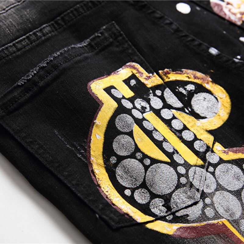 Herfst Winter Mannen Slim Pp Wassen Jeans Black Print Gebroken Gat Broek Mode Verf Print Broek Ripped denim Broek
