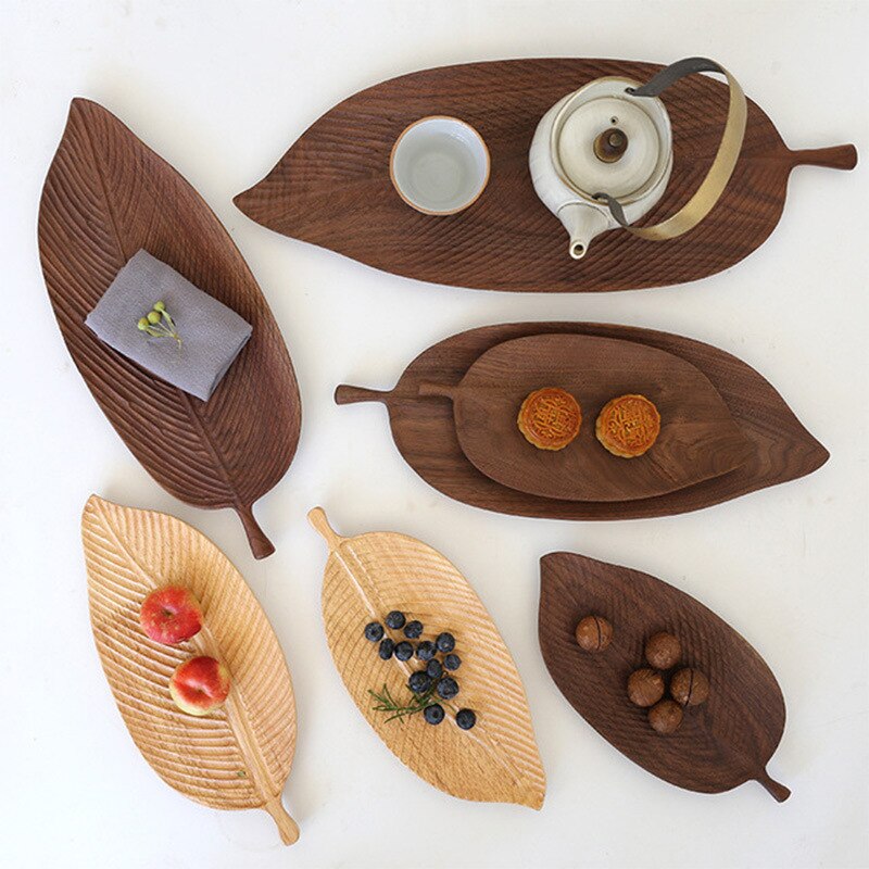 Walnut, oak whole wood plate original handmade leaf plate home snack plate fruit plate Japanese wooden tray tea tray