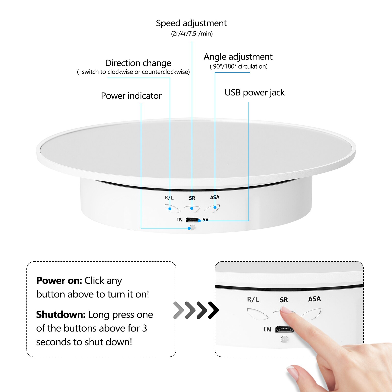 Présentoir rotatif électrique à 3 vitesses, plateau tournant à 360 degrés, porte-bijoux, batterie/alimentation USB pour photographie