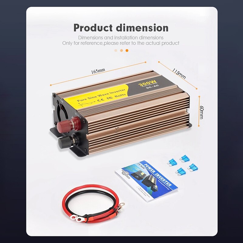 Vingtank 300W Solar Power Inverter DC12V To AC 220V Converter Pure Sine Wave Inverter Built-In Cooling Fan