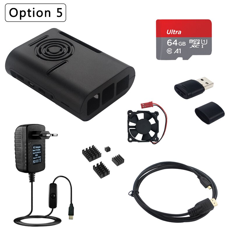 Raspberry Pi 4 Model B Case Abs Shell Plastic Huis Koelventilator Heatsink Hdmi-Compatibele Kabel Voeding Adapter voor Pi 4: Option 5