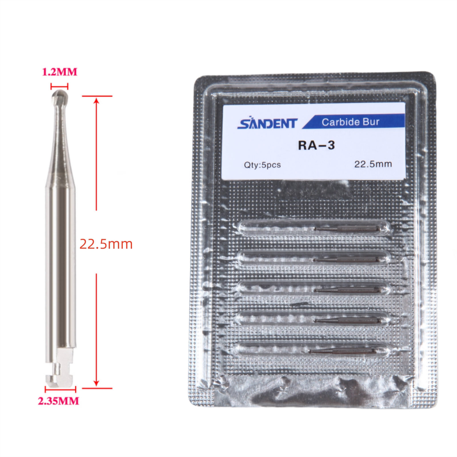 5 unids/caja fresas dentales de carburo de acero de tungsteno cabeza redonda pestillo RA 0,8/1/1,2/1,4/1,6/1,8/2,1/2,3mm para pieza de mano de baja velocidad 2,35mm: Conjunto 9